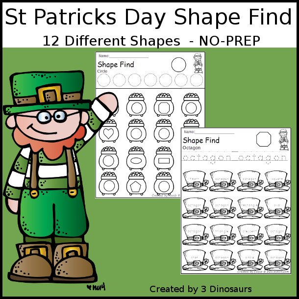 St Patrick's Day Shape Find  has two types of shape finds with geometric shapes and shape word finds. You have tracing the shape at the top and then finding the shape below - 3Dinosaurs.com