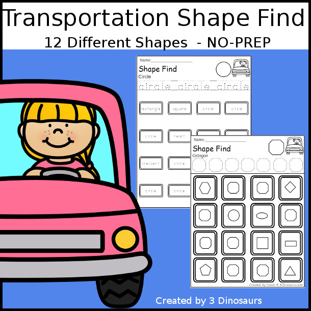Transportation Themed Shape Find: shape and shape word with tracing with 12 shapes for kids to work on $ - 3Dinosaurs.com