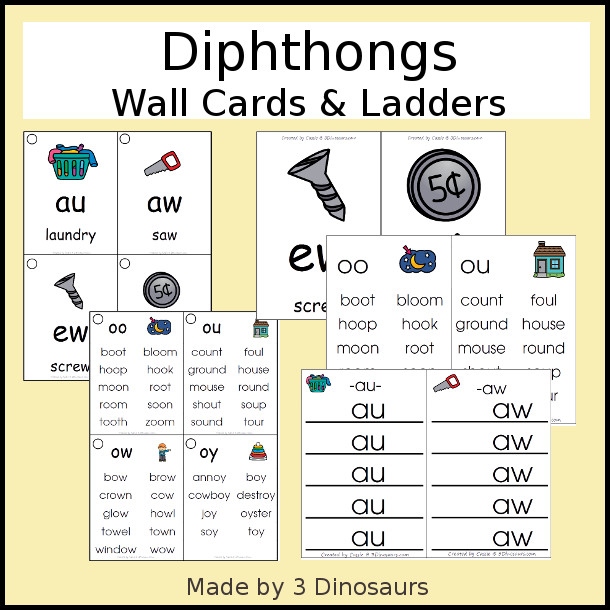 Easy To Use Diphthong Wall Cards - two different card sizes and types - 3Dinosaurs.com #learningtoread #wallcards #diphthongs
