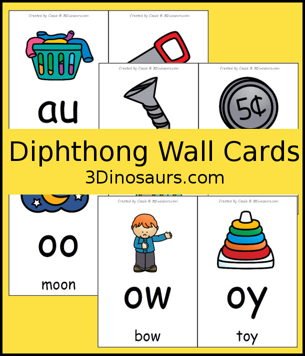 Free Diphthong Wall Cards - 6 pages of printables - 3Dinosaurs.com #freeprintable #wallcards #learningtoread 
