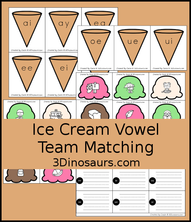 Free Ice Cream  Vowel Team Matching Printable - with two matching ovwel team pictures for each ice cream cone. A great hands-on activity for vowel team words.- 3Dinosaurs.com