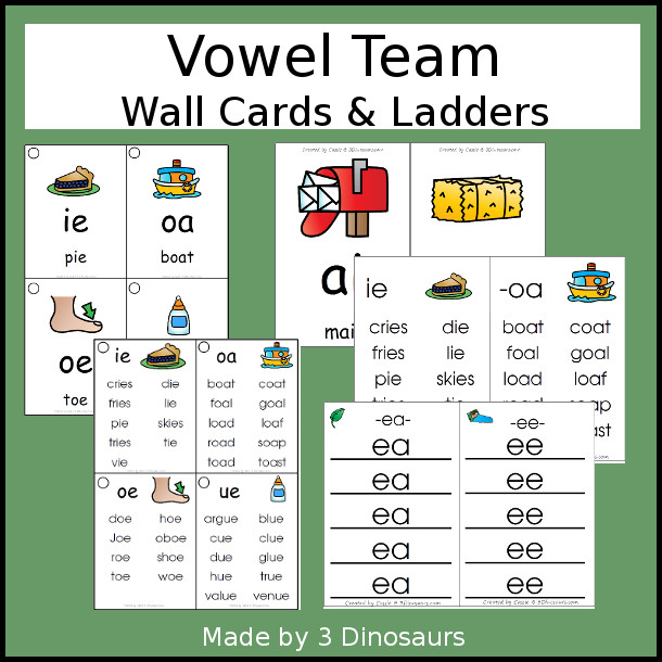 Easy To Use Vowel Team Wall Cards - two different card sizes and types - 3Dinosaurs.com