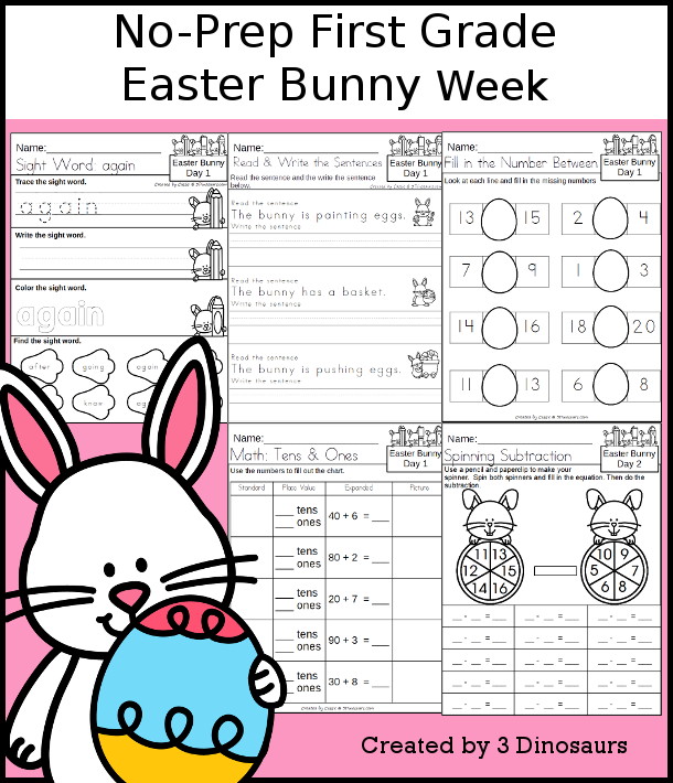 No-Prep Easter Bunny Weekly Packs for First Grade with 5 days of activities to do to learn with a spring Easter Bunny theme. - 3Dinosaurs.com