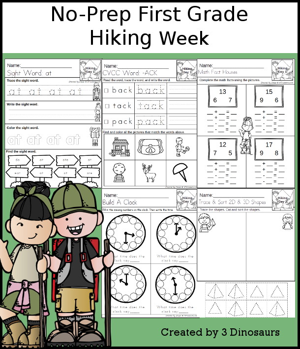 No-Prep Hiking Weekly Packs for First Grade with 5 days of activities to do to learn with a summer Hiking theme. - 3Dinosaurs.com