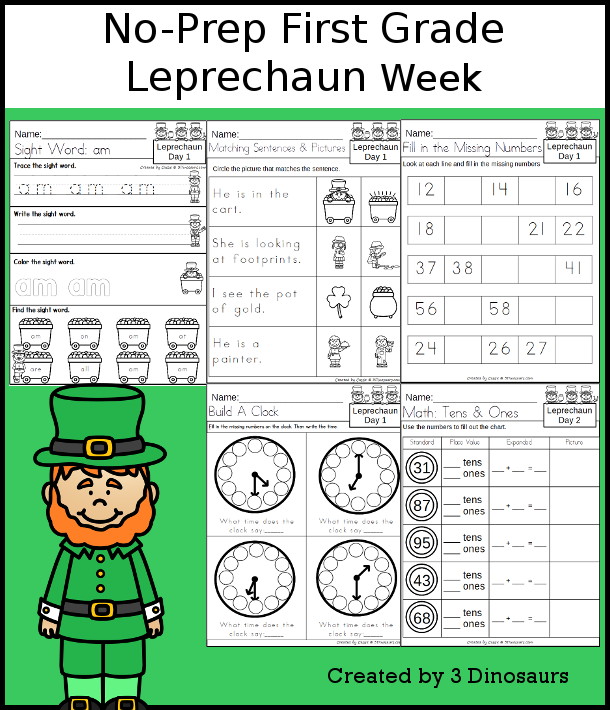 No-Prep Leprechaun Weekly Packs for First Grade with 5 days of activities to do to learn with a winter or spring Leprechaun theme. - 3Dinosaurs.com