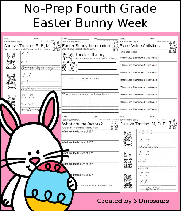 No-Prep Easter Bunny Weekly Packs for Fourth Grade with 5 days of activities to do to learn with a spring Easter Bunny Theme  - 3Dinosaurs.com