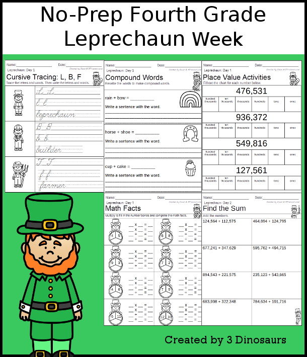 No-Prep Leprechaun Weekly Packs for Fourth Grade with 5 days of activities to do to learn with a spring -leprechaun-  - 3Dinosaurs.com