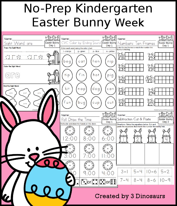 No-Prep Easter Bunny Weekly Packs for Kindergarten with 5 days of activities to do to learn with a spring Easter Bunny theme - 3Dinosaurs.com