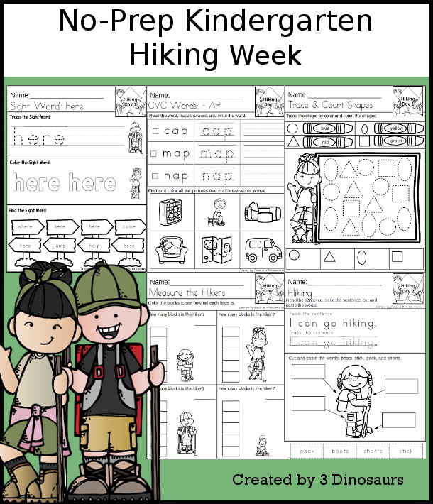 No-Prep Hiking Weekly Packs for Kindergarten with 5 days of activities to do to learn with a summer Hiking theme - 3Dinosaurs.com