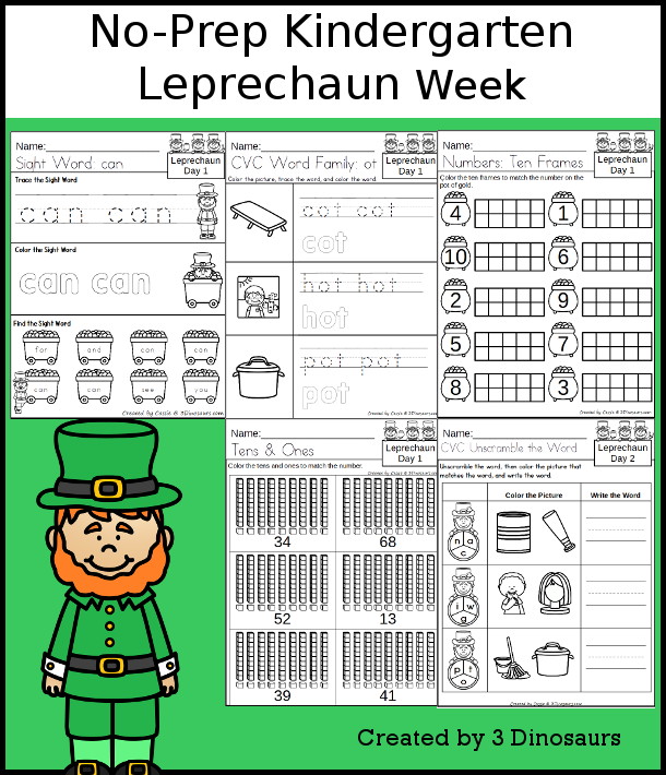 No-Prep Leprechaun Weekly Packs for Kindergarten with 5 days of activities to do to learn with a spring Leprechaun theme - 3Dinosaurs.com