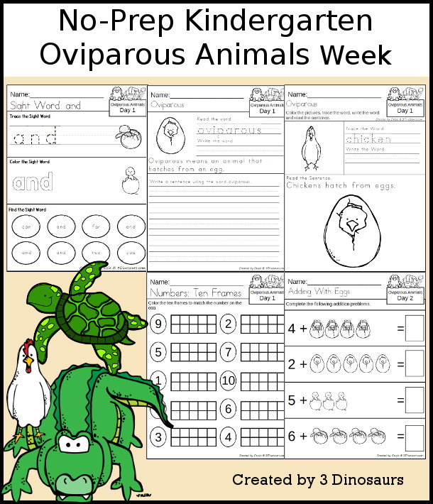 No-Prep Oviparous Animals Weekly Packs for Kindergarten with 5 days of activities to do to learn with a spring Oviparous Animals theme - 3Dinosaurs.com