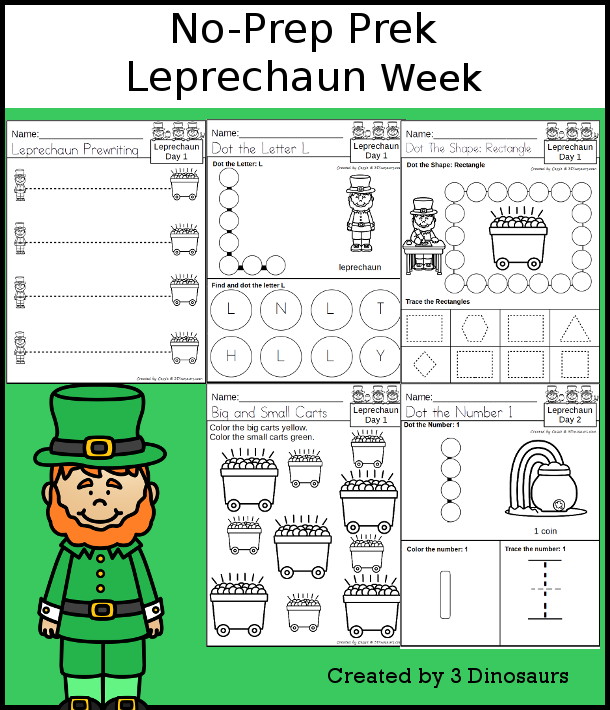No-Prep Leprechaun Weekly Packs for PreK  with 5 days of activities to do to learn with a spring or winter Leprechaun theme - 3Dinosaurs.com