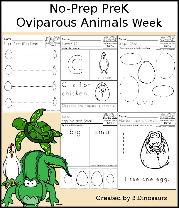No-Prep Oviparous Animals Weekly Packs for PreK  with 5 days of activities to do to learn with a spring Oviparous Animals theme - - 3Dinosaurs.com