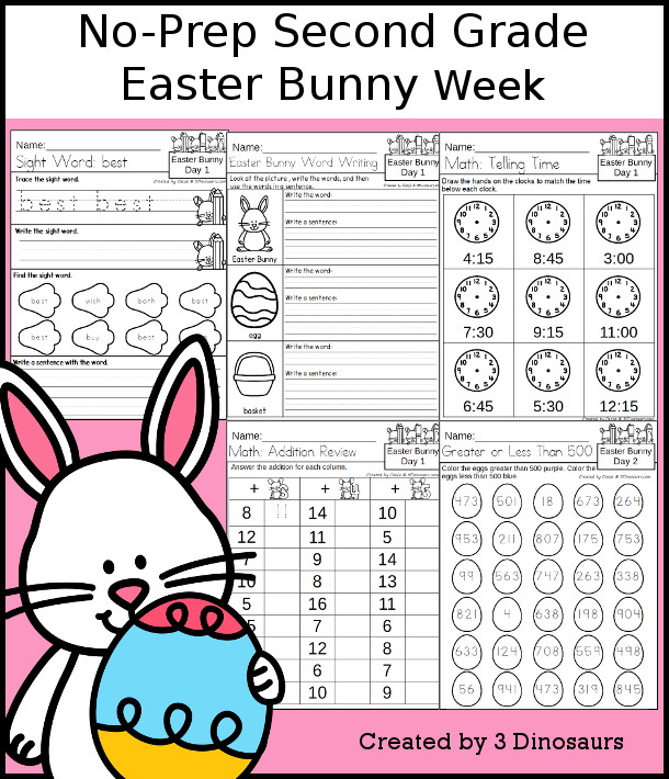 No-Prep Easter Bunny Weekly Pack for Second Grade with 5 days of activities to do to learn with a spring Easter Bunny theme - 3Dinosaurs.com