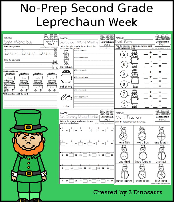 No-Prep Leprechaun Weekly Pack for Second Grade with 5 days of activities to do to learn with a spring Leprechaun theme - 3Dinosaurs.com
