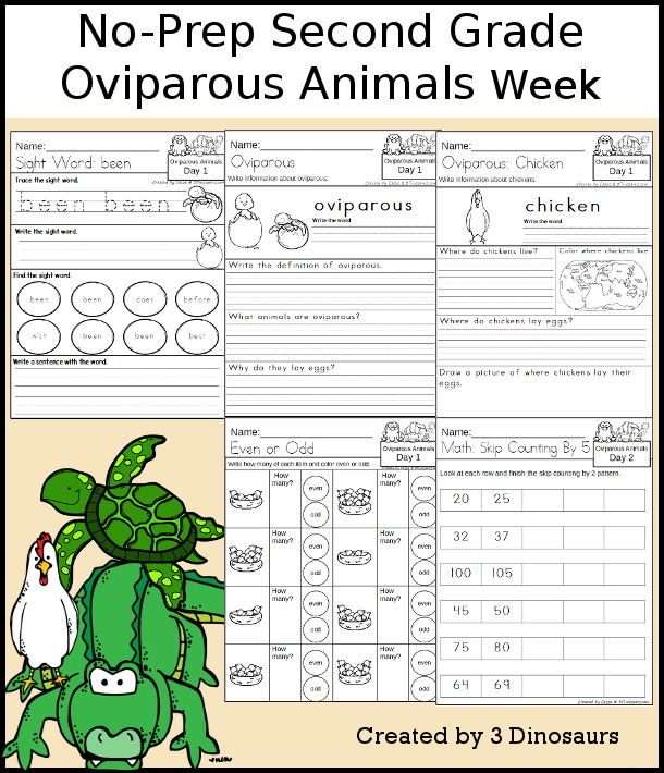 No-Prep Oviparous Animals Weekly Pack for Second Grade with 5 days of activities to do to learn with a spring Oviparous Animals theme - 3Dinosaurs.com