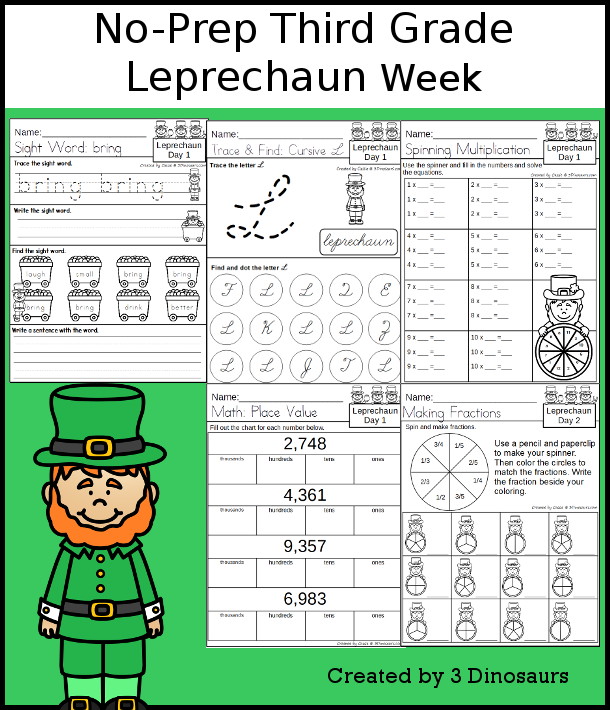 No-Prep Leprechaun Weekly Packs for Third Grade with 5 days of activities to do to learn with a spring Leprechaun.  - 3Dinosaurs.com