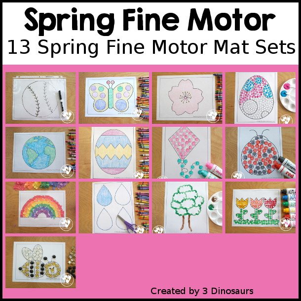 Spring Fine Motor Mat Printable Set with 8 different themes fine motor mats with dot markers, template, tracing, playdough mats and q-tip printables for building fine motor skills during the spring - 3Dinosaurs.com