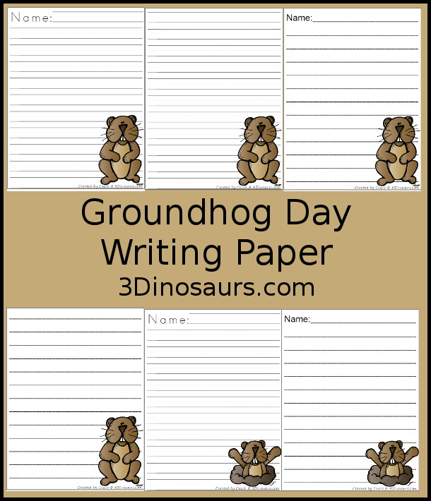 Free Groundhog Writing Paper Printables - You have two picture options for the groundhog. You have a groundhog standing and a groundhog coming out the ground. There are a single line option and a guideline option. Perfect for groundhog day writing. 3Dinosaurs.com