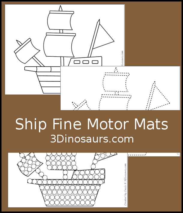 Free Ship Fine Motor Mat Printables - a fun collection of fine motor mats with a shape theme. You have ship template, a ship tracing printable and a ship q-tip page. A great set of printable for kids in preschool, prek and kindergarten - 3Dinosaurs.com